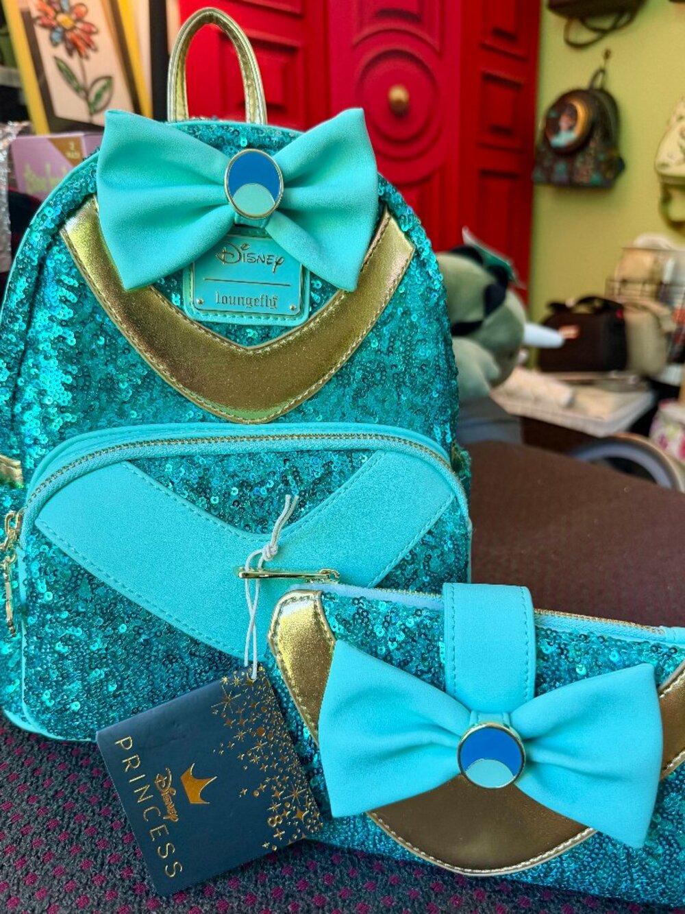 Loungefly Disney Jasmine Sequin Mini Backpack + Wallet SET Aladdin Web Exclusive
